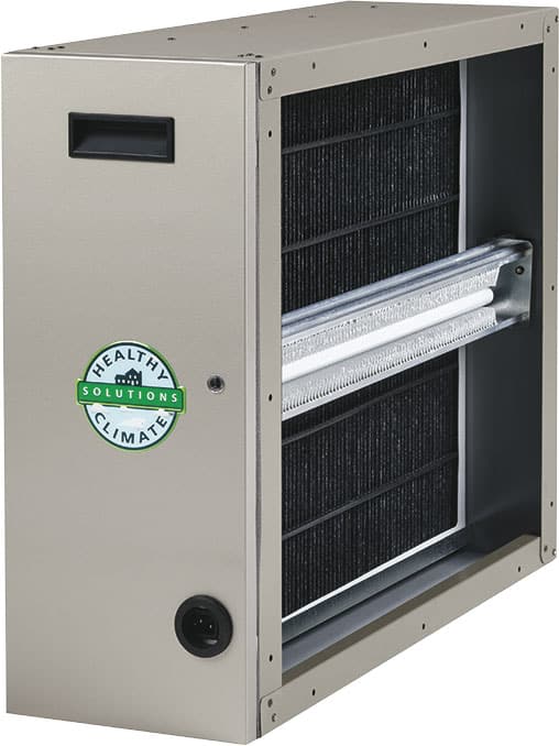 Healthy Climate; air filtration system. Gray box to hold filters.