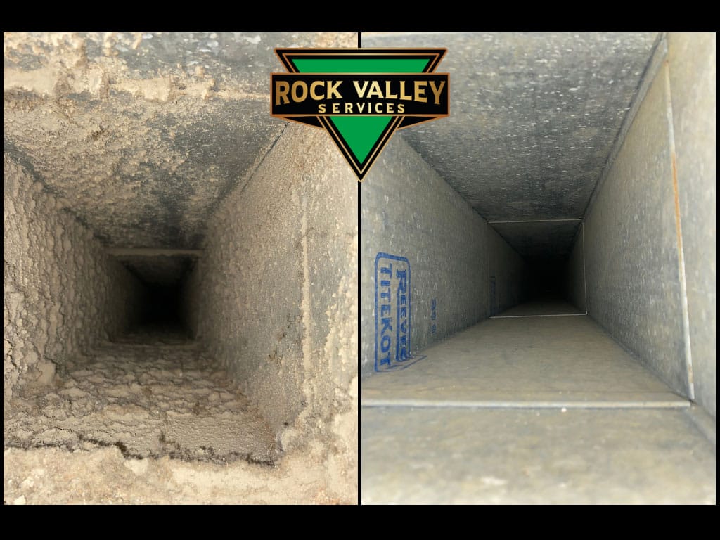 A side-by-side comparison of a duct system before and after professional cleaning. The 'before' image shows accumulated dust, debris, and contaminants, while the 'after' image reveals clean and sanitized air ducts, promoting improved indoor air quality.
